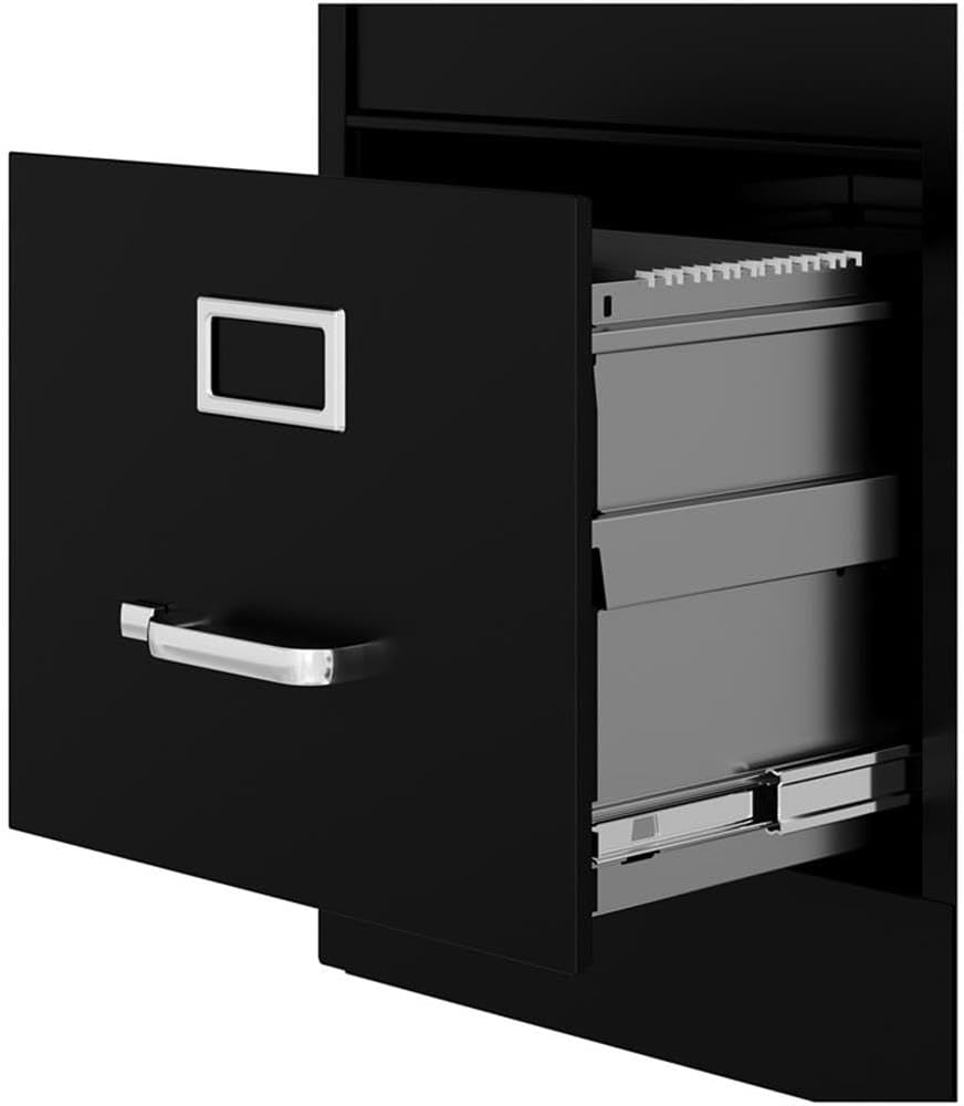 22" 2-Drawer Metal Vertical Filing Cabinet, Black Finish, Letter Size, Commercial Grade Durable Office Storage, Smooth Ball-Bearing Slides, Lockable Design