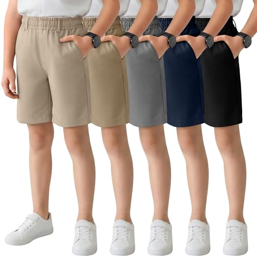 Mumucove 5 Pack Boys' School Uniform Shorts Kids Elastic Waist Flat Front Khaki Shorts with Pockets Summer Casual Pull on(9-10 Years,Light Khaki, Khaki, Gray, Navy Blue, Black)