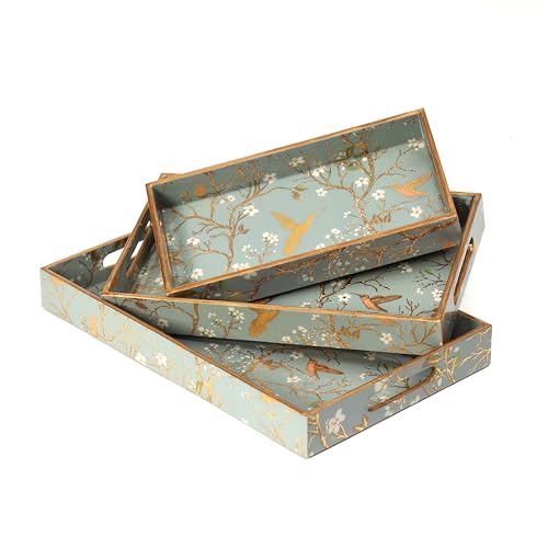 Image of Set of 3 Waterproof Lacquer Coated Wooden Trays - Humming Bird & Blossom Vintage Floral Design, Multipurpose MDF Serving Tray with Handles (16x10, 14x8, 12x6 Inches)(Setof3- SilverGoldBirds)