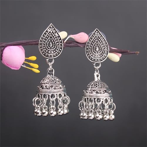 MALOYANVE 4 Pairs Jhumka Indian Earrings for Women Vintage Bohemian Chandelier Bell Tassel Dangle Earring Handmade Ethnic India Jhumki Jewelry for Wedding Party Gift (Silver Flower) by MALOYANVE - Used condition - Image 2