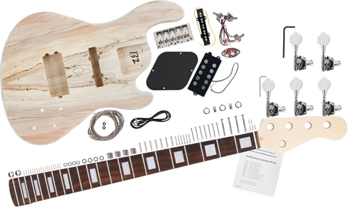 Rocktile E-Bass Bausatz JBH5-Style - DIY E-Bass-Set mit Paulownia-Korpus, Ahorn-Hals, Palisander-Griffbrett, 22 Bünde, Single Coil + Humbucker, Chrome-Mechaniken - Natur