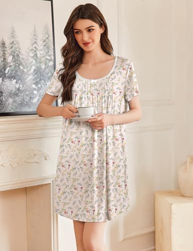 Image of Ekouaer Nightgowns for Women Pleated Sleep Shirts Short Sleeve Night Shirts Lace Trim Night Gown Ladies Sleep Dress