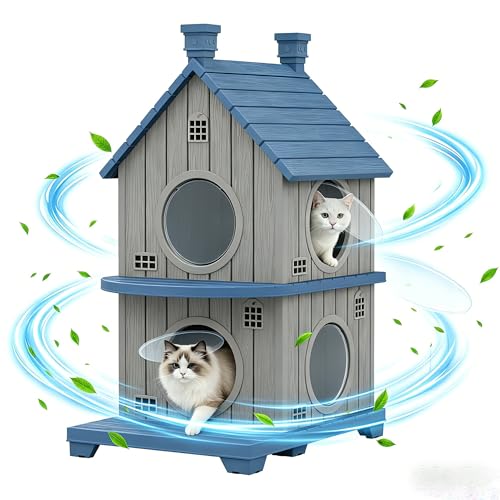 WTFGO Cat House Outdoor, Resin Cat Houses for Outdoor Indoor Cats, Outdoor Cat House Weatherproof with Elevated Base, Litter Box Enclosure with Anti-Slip Pad, Ventilation, Double-Story, Blue by WTFGO - Used condition - US$65.78