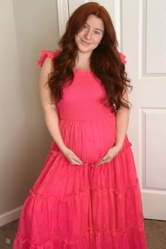 PinkBlush Smocked Mesh Ruffle Accent Maternity Midi Dress