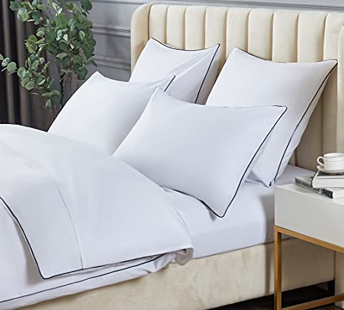 DAUAOTO Duvet Cover Full/Queen Set, White with Decorative Navy Piping Microfiber Bedding, 1 90