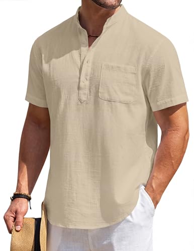 COOFANDY Men's Casual Cotton Linen Short Sleeve Henley T-Shirts Summer Lightweight Banded Collar Beach Tops Khaki