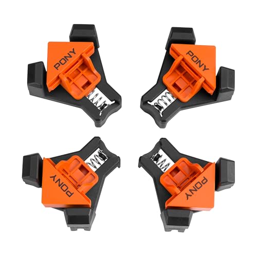 PONY 4-Pack Corner Clamp for Woodworking, 90 Degree Right Angle Clamp, Light-Duty Single Handle Wood Clamps, Adjustable Spring Loaded Woodworking Clamp, Frame Cabinet Wood Tools Accessories