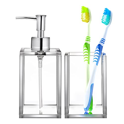 Acrylic Clear Bathroom Accessories Set, Square Bathroom Soap Dispenser And Toothbrush Holder Set, Sturdy Vanity Countertop Bath Accessories Sets For Modern Bathroom Decor | 2-Piece Accessory Set #TOP14