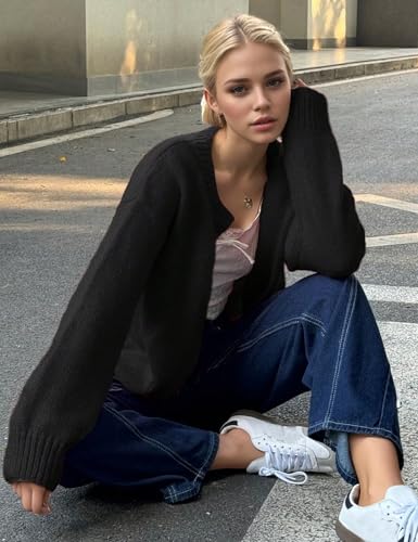 Image of Arssm Womens Cardigan Sweaters 2024 Crewneck Long Sleeve Knit Sweater Button Down Knit Sweater Top Horn Buckle(Black-L)