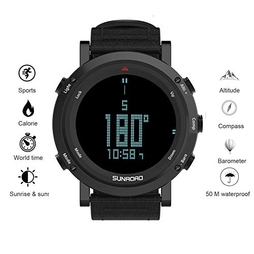 Sunroad Men's Smart Digital Barometer Compass Altimeter Sports Watch With Led Screen Large Face Altimeter Watches & Waterproof Casual Luminous Stopwatch Pedometer Wristwatch (Black) #TOP2
