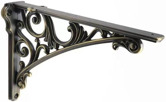 Decorative Shelf Bracket 6 inch, Brushed Antique Brass Brackets for Shelving, Heavy Duty Vintage, DIY Projects, Hardware Included, 4 Pack, 5.9x4.17x1.73 inch，Baroque Style
