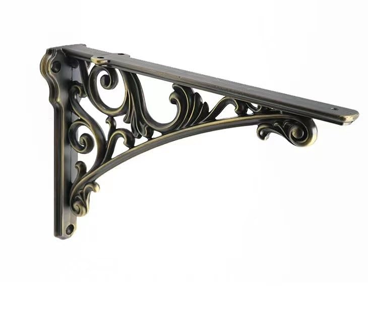 Decorative Shelf Bracket 6 inch, Brushed Antique Brass Brackets for Shelving, Heavy Duty Vintage, DIY Projects, Hardware Included, 4 Pack, 5.9x4.17x1.73 inch，Baroque Style