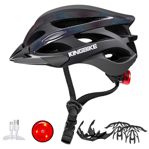 KINGBIKE Bike Helmet for Adult Men Women Youth Road Commute Mountain Cycling Helmets with USB Rechargeable Tail Light Replaceable Inner Pads and Visors Lightweight (BlackPearlescent,M/L(20.4-22in)