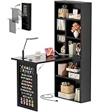 Armocity Small Folding Desk with Outlets, Convertible Writing Desk for Small Spaces/Home Office/Craft Room, Multi-Function Desk Workstation with Blackboard, Fold-Out Cabinet Table, Black
