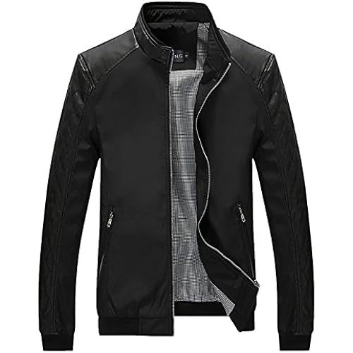 Tanming Men's Lightweight Bomber Jacket Windbreaker Coat | Stand Collar, Zip up, Faux Leather Quilted Splicing Jackets Outwear with Plaid Lining for Fall Winter, Casual Work Party