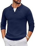 COOFANDY Mens Polo Sweater Long Sleeve Lightweight Knit Polos Casual V Neck Collared Pullover Sweaters, Navy Blue, L