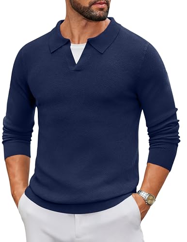 COOFANDY Mens Polo Sweater Long Sleeve Lightweight Knit Polos Casual V Neck Collared Pullover Sweaters, Navy Blue, L