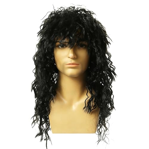 CATMEYE Perruque Rocker Homme Années 70 80 – Perruque Longue Noire Bouclée Style Mullet pour Déguisement, Soirée Disco et Cosplay (Noir)