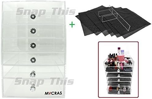 MYCRAS - Acrylic Makeup Organizer Holder - Clear Cosmetics Storage Box Solution With 7 Tier (6 Drawers) & FREE Removable Divider & Mats