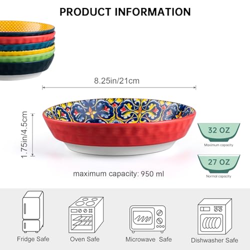 HENXFEN-LEAD-Pasta-Salad-Bowls-Set-of-6-Wide-and-Shallow-Serving-Bowls-for-Kitchen-32-Oz-8-Inch-Porcelain-Soup-Bowl-Pasta-Plates-Dishwasher-Microwave-Safe-Bohemian-style HENXFEN LEAD Pasta Salad Bowls Set of 6 Wide and Shallow Serving Bowls for Kitchen 32 Oz 8 Inch Porcelain Soup Bowl Pasta Plates Dishwasher Microwave Safe Bohemian style