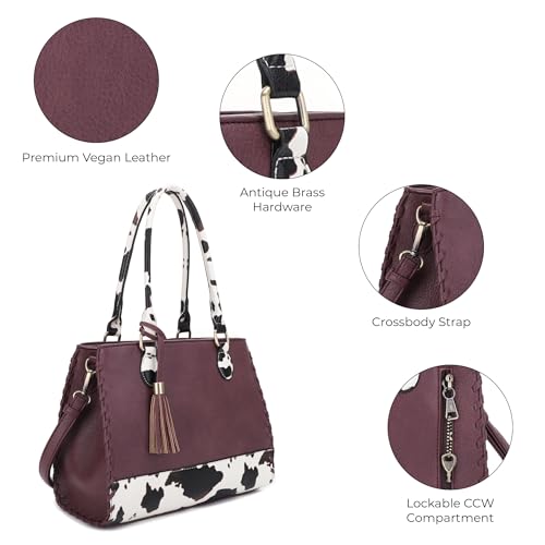 Image of JESSIE & JAMES Montana Whipstitching Cow Print Top Handle Satchel Purse with Adjustable Shoulder Strap