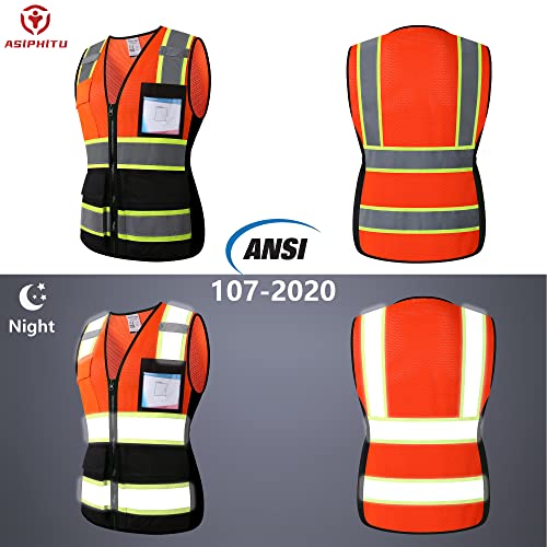 Image of Safety Vest for Men Women Reflective Construction Vest Hi Vis ANSI Standard | ANSI Standard, 8 utility Pockets 4 Reflective Strips with Neon trim High Visibilty Breathable Mesh Safety Apparel for Work