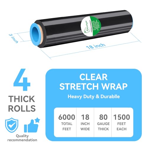 18" x 1500' Black Plastic Shrink Wrap Roll - 80 Gauge, 500% Stretch Industrial Strength Moving Wrap, Heavy Duty Pallet & Furniture Protection - 4 Roll Bundle Stretch Wrap with Handles by Apexatype - Image 2