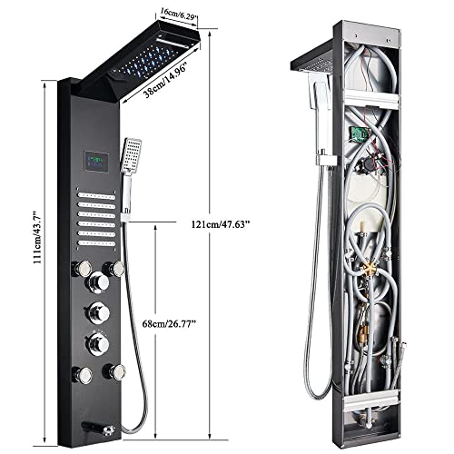 Panel de Ducha LED con Torre, Chorro Cascada y Lluvia, Sistema de Masaje y Grifo — Acabado Negro y Dorado Cepillado miniatura 4
