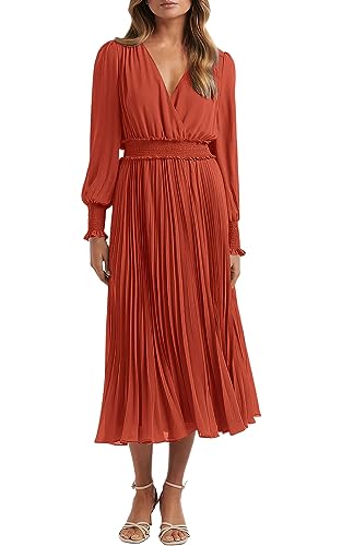 PRETTYGARDEN Womens Wrap V Neck Fall Dresses Wedding Guest Casual Pleated Long Sleeve Midi Dress Ruffle Smocked Long Dress