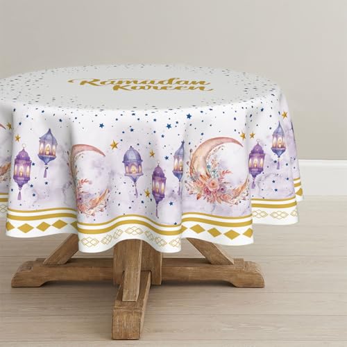 Horaldaily Ramadan Tablecloth 70×70 Inch Round, Pink Gold Moon Star