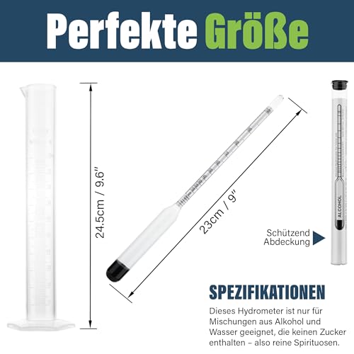 Alkoholmessgerät für Spirituosen, misst 0 - 100 % Alkohol in destillierten Spirituosen, Hydrometer, 23 cm, inklusive 100 ml Probeentnahmeglas
