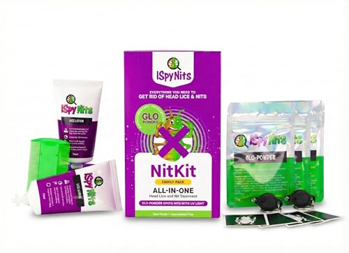 ISpy Family NitKit Complete Head Lice Treatment & Detection Kit for 3-4 People – Biofluorescent Glo-Powder for UV Detection – Odourless Insecticide-Free Lotion – Glow-in-the-Dark Tattoos – UV Lights & Comb Included