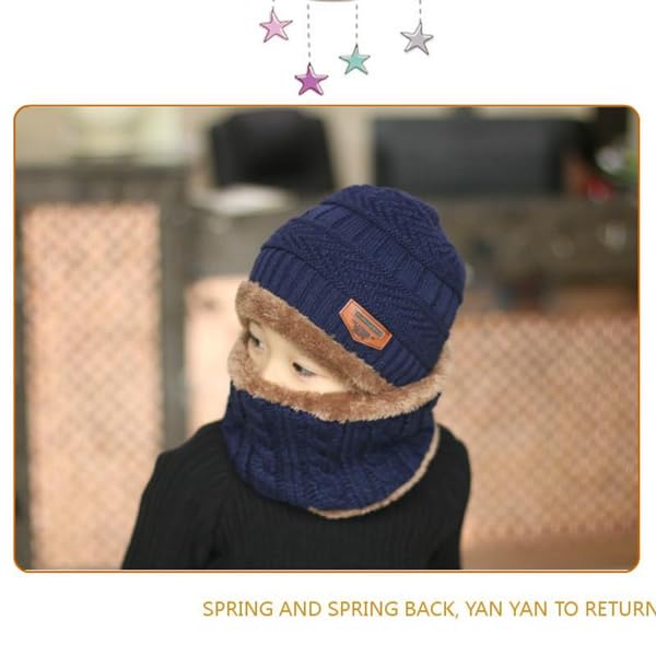 Dressify® (A Grade Cashmere Wool - Imported Soft Warm Snow and Air Proof Fleece Knitted (Inside Soft Fleece) Woolen Beanie Winter Cap with Scarf for Kids Boy's I Girl's Blue Color 1