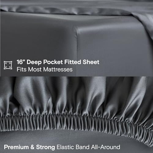 Image of DOZ Sheet Set, 100% Viscose derived from Bamboo, Organically Grown, Buttery Soft, Cooling Sheets, High GSM, Deep Pockets - 4 Piece - 2 Pillowcases 1 Fitted 1 Top Sheet (Storm, Cal King)
