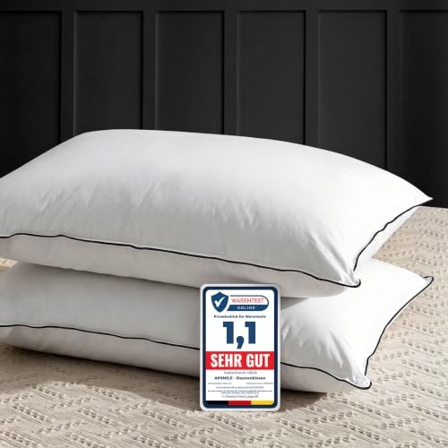 APSMILE Daunenkissen 40x80 Federkissen mit 3 Kammer Füllung - Luxus Daunenkissen zum Schlafen, Kopfkissen 40x80 Daunen Kissen 100% Bio-Baumwollbezug, weich & stützend (Weiß,2er Stück)