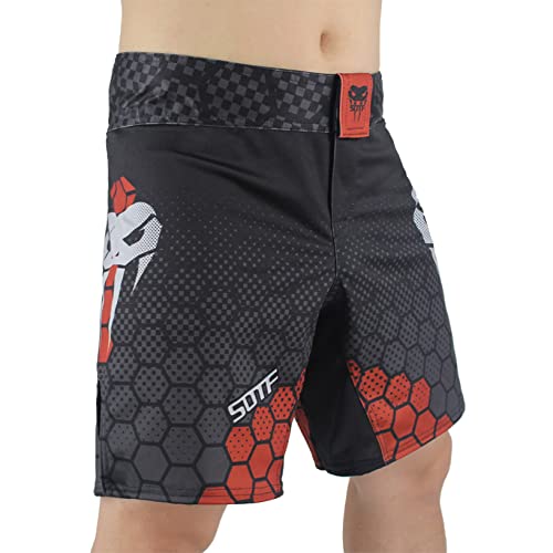 Foto von Kaerm Box-Shorts für Herren Training Muay Thai Kurze Kampfshorts für Männer Kampfsport MMA Shorts für Training und Kickboxen Slim Fit Orange&Black B XL