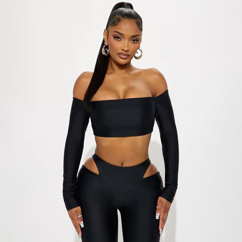 Womens Two Piece Set Off The Shoulder Long Sleeve Crop Top High Waist Hollow Bodycon Pant Sexy Out Going Club Outfit - Image 2
