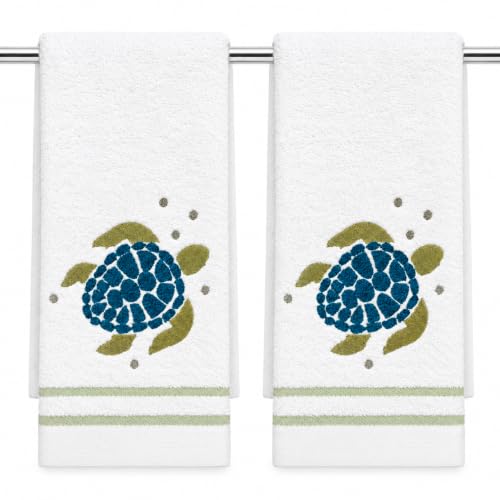 Coastal Guest Fingertip Hand Bathroom Towels, Teal Green Sea Turtle, 12x18"