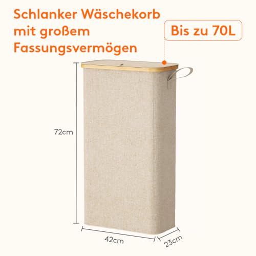 Lifewit 70L Wäschekorb Schmal mit Deckel, Faltbarer Wäschesammler Schmal mit Wäschesack, Laundry Basket Wäscheboxen aus Bambus mit Tragegriff für Apartment, Wohnheim und Wohnwagen, Beige