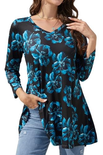 Enmain Camiseta Manga Larga para Mujer Blusa Tunica Casual Elegante Manga 3/4 Larga Floral Loose Fit Cuello V Negro&Azul 2XL