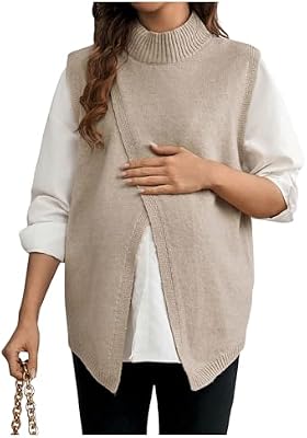 MakeMeChic Women's Maternity Sweater Vest Mock Neck Split Hem Sleeveless Fall Pregnancy Knit Top Kha...