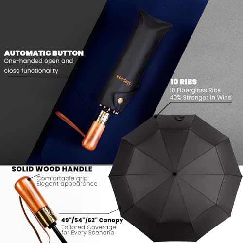 SIEPASA 49/54/62 Inch Windproof Golf Umbrella - Automatic Open/Close, Real Wood Handle - Large Folding Travel Umbrella for Wind, Rain & Sun Protection.(Black/62) by SIEPASA - Image 5