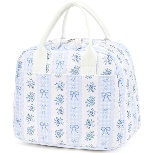 Image of LOVELYWIND Lunch Box for Women, Insulated Lunch Bag, Blue Floral Tote