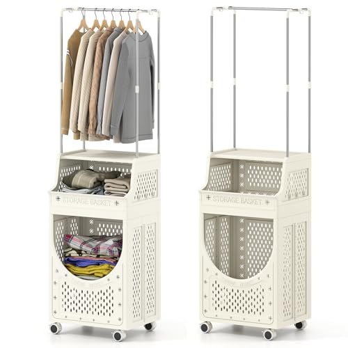 LIFEZEAL Cesto para la ropa sucia de 61 l con perchero para ropa, ruedas, superficie de almacenamiento, estante, 1 compartimento, mueble para la colada, cesto plegable, lavandería, baño, ahorro de