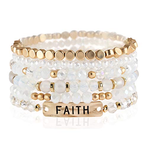 RIAH FASHION Inspirational Multi Layer Beaded Stackable Statement Bracelets - Natural Stone, Druzy Stretch Strand Slip-on Cuff Bible Christian Cross Prayer Bangle Set