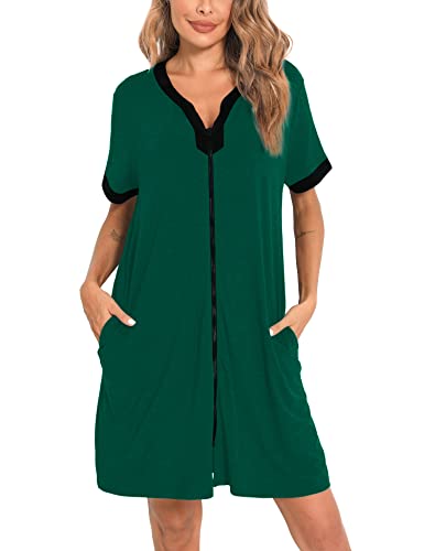 Swomog Housecoat Women Zipper Front Duster Robe Short Sleeve Lounger Housedress Pockets Nightgown S-2Xl #TOP7