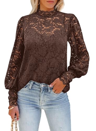 DOROSE Blouses for Women Business Casual Lace Puff Sleeve Shirts Trendy Fall Tops Coffee M