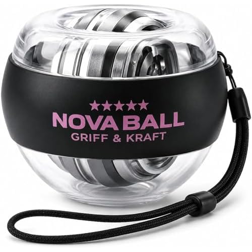 NOVA Gyroball Handtrainer Auto Start, PowerBall Handgelenktrainer mit Metallkern, gyroskopischer Unterarmtrainer für Griffkraft, Finger & Handgelenk, inkl. Handschlaufe, NOVA Ball Transparent