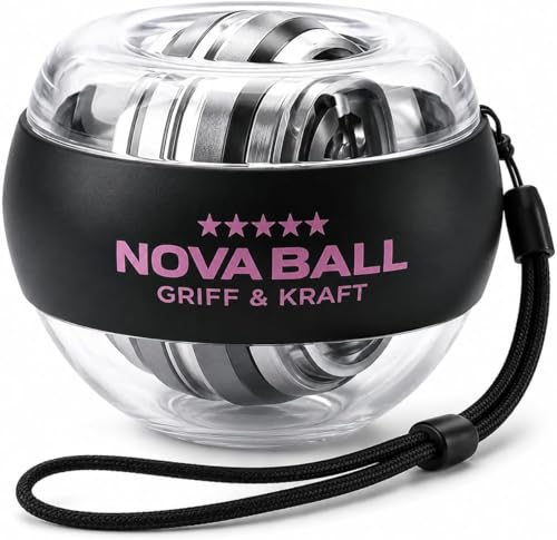 NOVA Gyroball Handtrainer Auto Start PowerBall Handgelenktrainer mit Metallkern gyroskopischer Unterarmtrainer für Griffkraft Finger & Handgelenk inkl. Handschlaufe NOVA Ball Transparent