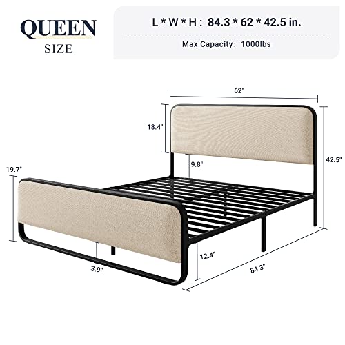 Allewie Queen Size Metal Bed Frame With Curved Upholstered Headboard And Footboard, Platform Bed Frame With Under Bed Storage, No Box Spring Needed, Vintage, Beige #TOP1